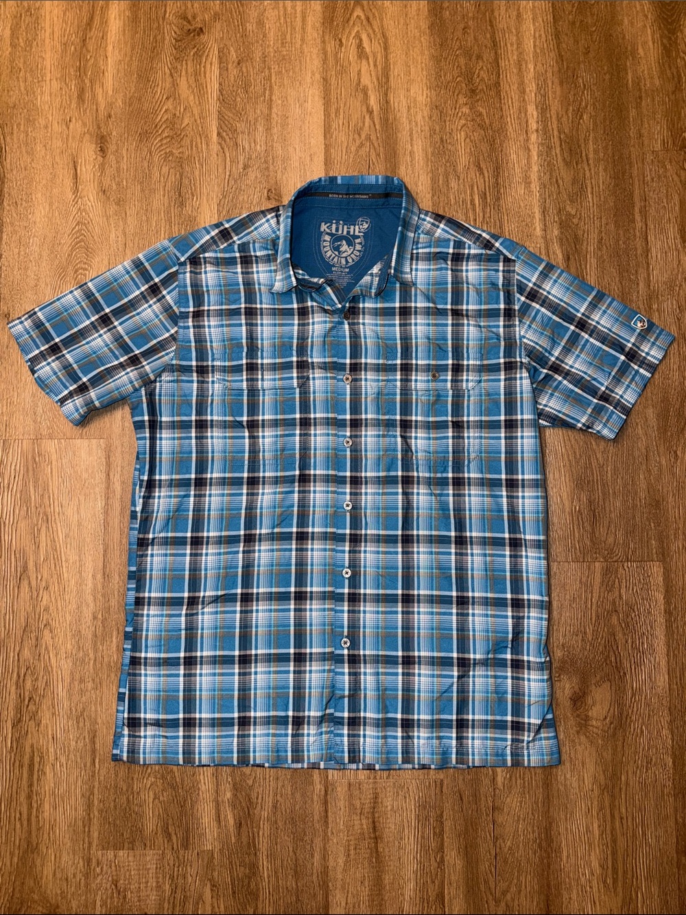 KÜHL Eluxur Mens Short Sleeve Plaid Pearl Snap Shirt Blue Size Medium